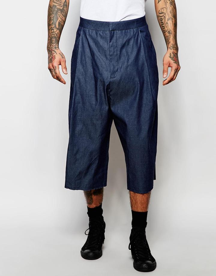 Asos Wide Leg Smart Trousers In 3/4 Length Denim - Blue