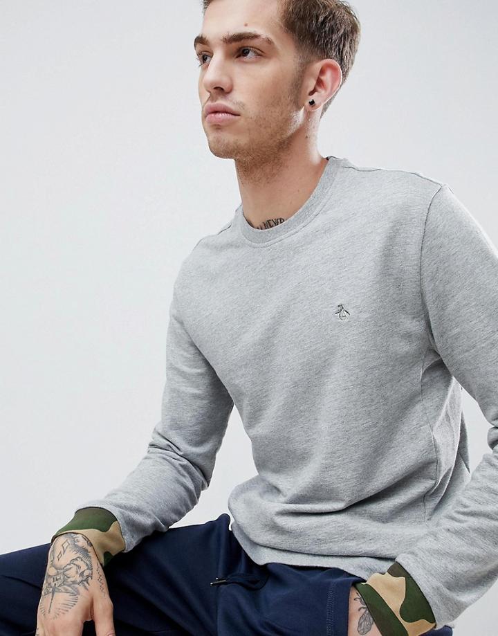 Original Penguin Camo Cuff Crewneck Sweatshirt Zip Detail Logo Slim Fit Embroidered In Gray Marl - Gray