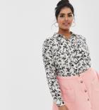 New Look Curve Button Through Shirt In Black Ditsy Floral Print-white