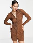 Pull & Bear Ruched Front Long Sleeve Polo Mini Dress In Brown