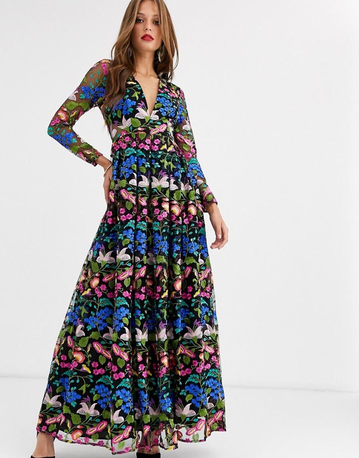 Asos Edition V Neck Embroidered Maxi Dress-multi
