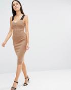 Ax Paris Zip Front Bodycon Midi Dress Wth Strap Detail - Mocha