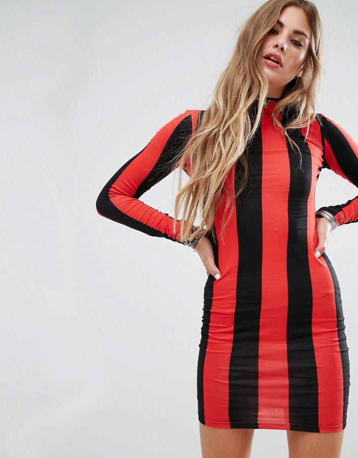 Motel Bodycon Dress With Long Sleeve In Stripe - Red