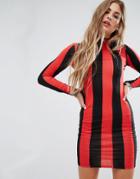 Motel Bodycon Dress With Long Sleeve In Stripe - Red