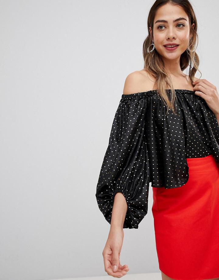 Missguided Spotty Bardot Balloon Sleeve Crop Top - Black