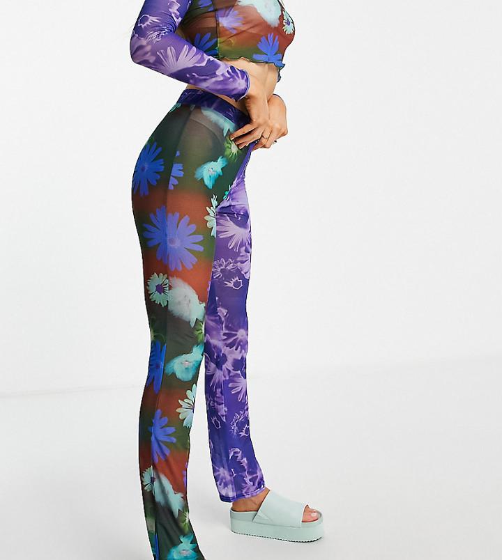 Collusion Digital Floral Mesh Flare Pants In Multi