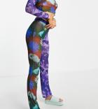 Collusion Digital Floral Mesh Flare Pants In Multi