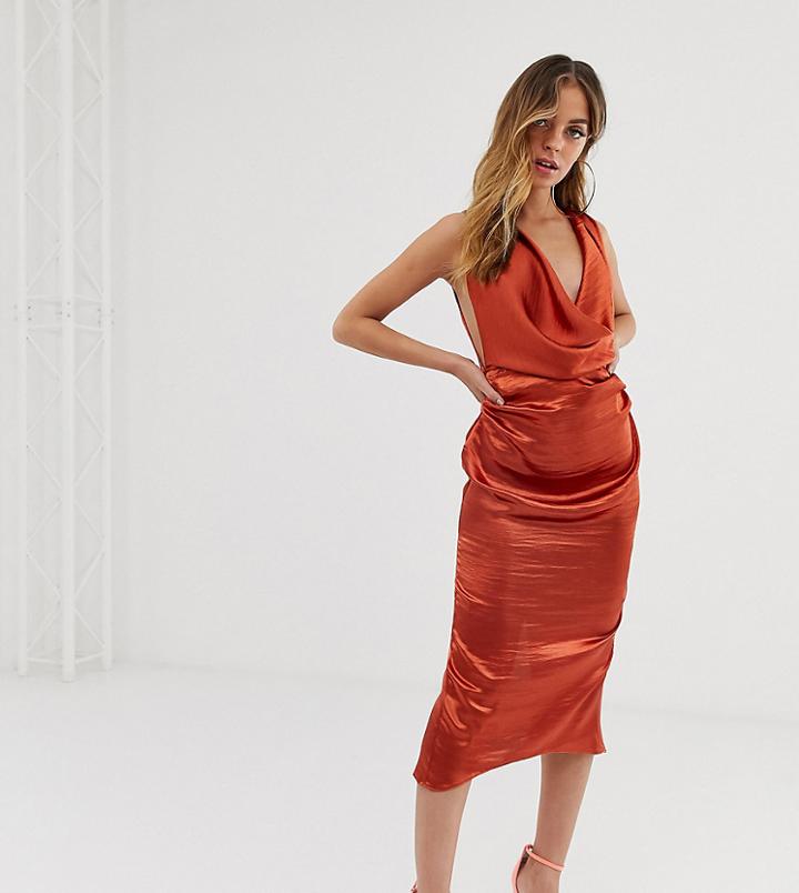 Asos Design Petite Midi Dress With Drape Cowl Neck In High Shine Satin-brown
