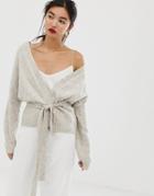Mango Knitted Tie Waist Cardigan In Beige - Beige