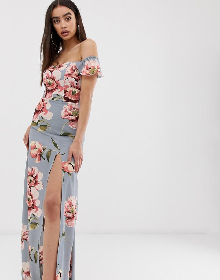 Club L Bardot Ruffle Sleeve Maxi Dress In Floral Print-blue