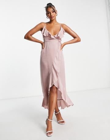 Blume Bridal Wrap Satin Midi Dress With Frill Detail In Pink