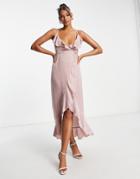 Blume Bridal Wrap Satin Midi Dress With Frill Detail In Pink