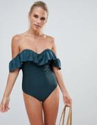 French Connection Off Shoulder Ruffle Swimsuit-green