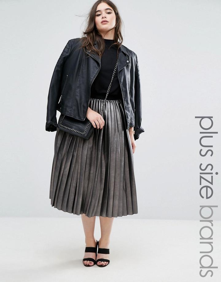 Elvi Metallic Pleated Skirt - Silver