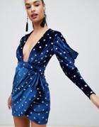 Asos Design Star Printed Velvet Mini Dress - Navy