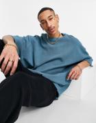 Asos Design Oversized Heavyweight Waffle T-shirt In Blue Gray-grey