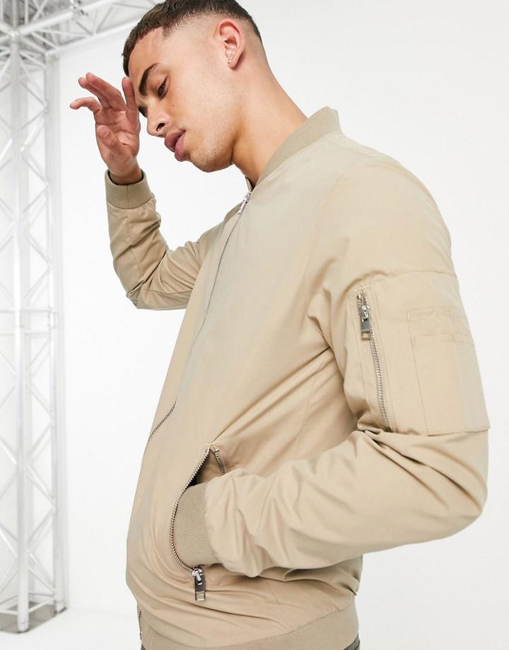 Jack & Jones Essentials Bomber Jacket With Zip In Beige-neutral