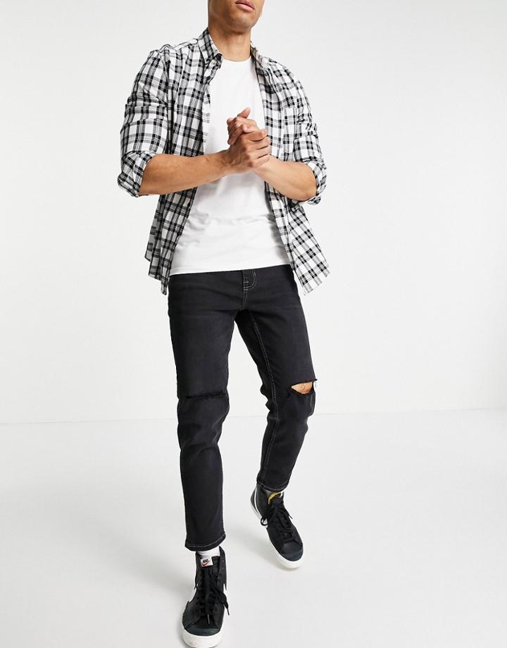 New Look Slim Crop Jeans With Knee Rips In Black