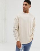 Asos Design Oversized Longline Long Sleeve T-shirt With Contrast Woven Fabric Yoke And Sleeve With Zip Pocket In Beige