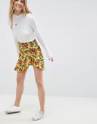 Asos Design Mini Skirt With Curved Hem And Frill In Lemon Print - Multi
