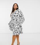 Glamorous Curve Mini Tiered Smock Dress With Neck Tie In Black And White Floral-multi