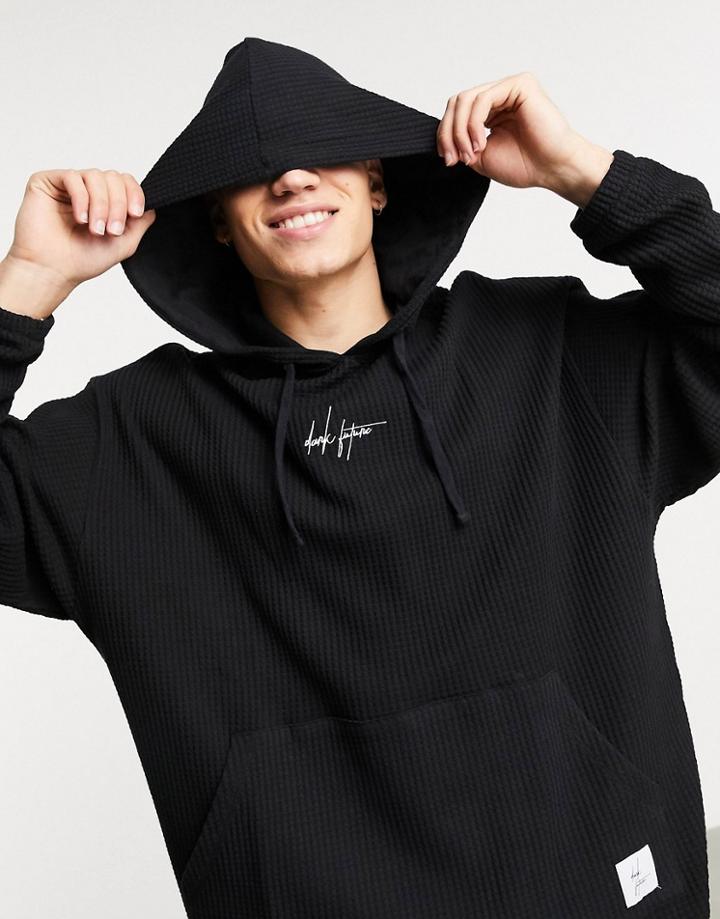 Asos Dark Future Oversized Hoodie In Black Waffle With Embroidered Logo