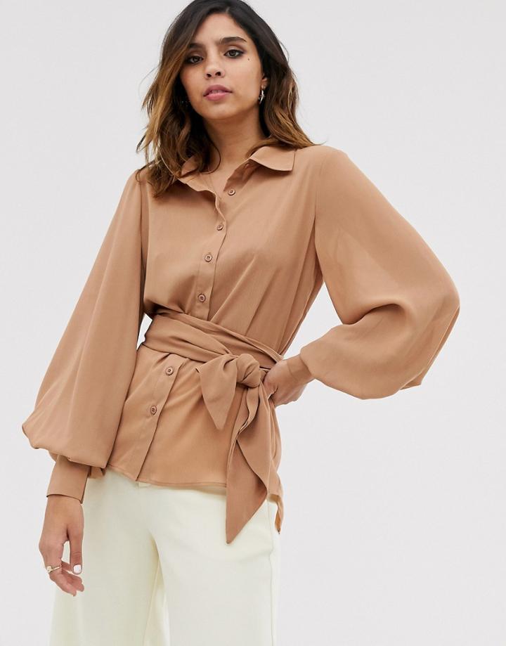 Unique21 Tie Waist Button Front Blouse-brown