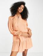 Vila Satin Smock Mini Dress With Tie Neck In Peach-orange
