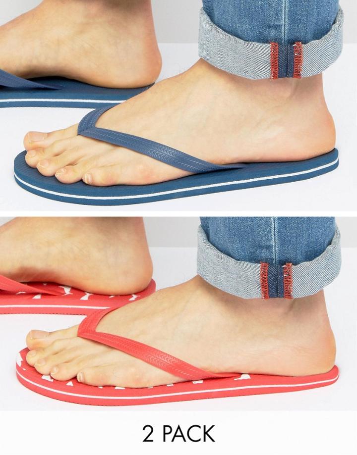 Asos Flip Flops 2 Pack In Navy And Shark Print Save - Multi
