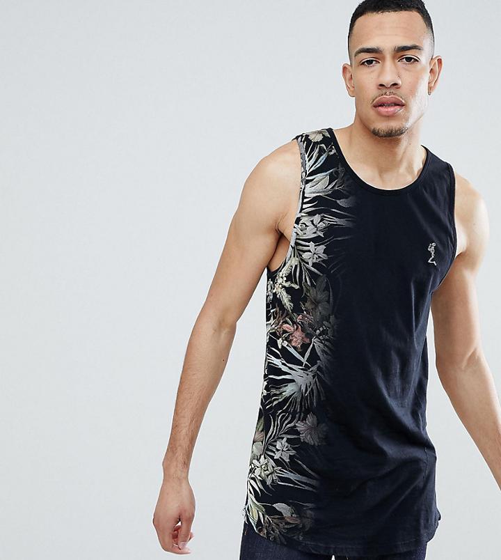 Religion Tall Longline Tank With Curved Hem And Fade Floral Print - Black