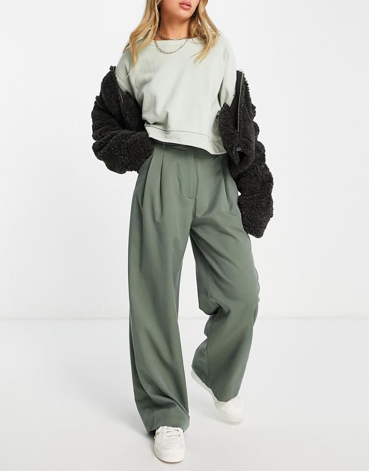 Monki Recycled Straight Leg Pants In Khaki-green