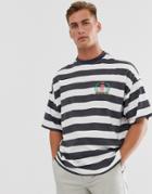 Asos Design Oversized Striped T-shirt In Heavyweight Fabric And Chest Emblem-white