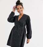 Asos Design Maternity Denim Wrap Smock Mini Dress In Black - Black