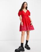 Topshop Recycled Blend Eyelet Wrap Puff Sleeve Mini Dress With Contrast Stitching In Red-pink