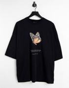Asos Design Oversized T-shirt In Black With Front Butterfly & Text Print