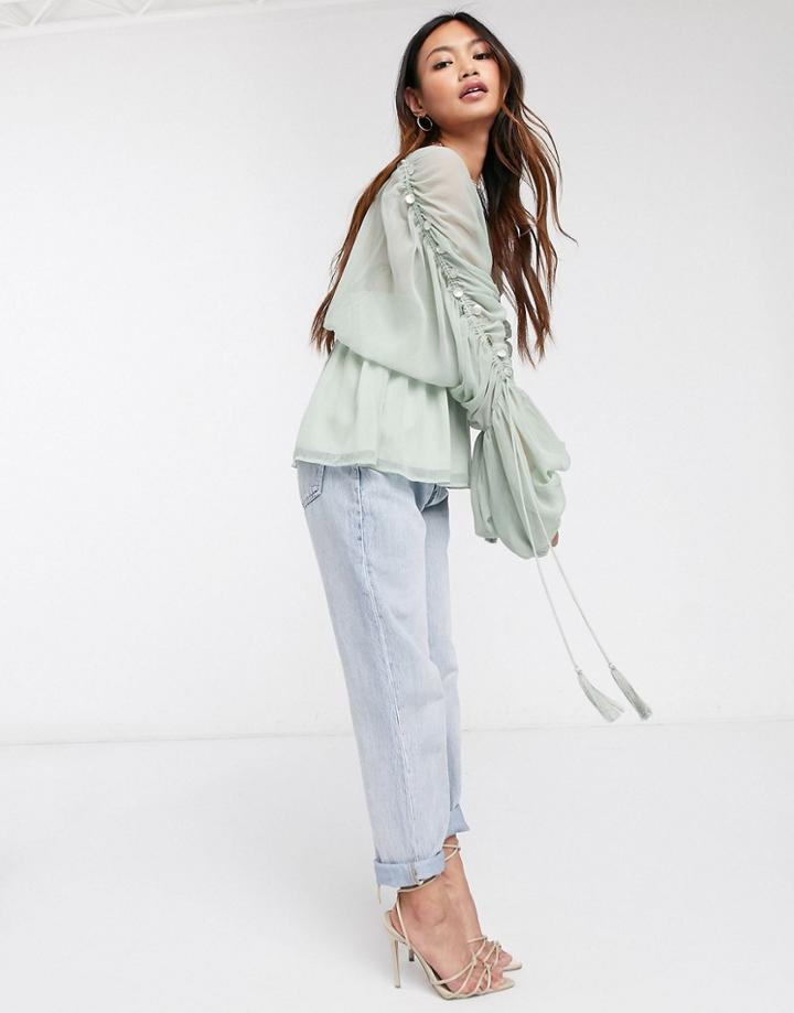 Asos Design Sheer Top With Ruched Sleeve And Coin Trim In Multi