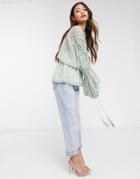 Asos Design Sheer Top With Ruched Sleeve And Coin Trim In Multi