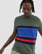 Asos Design Organic T-shirt With Color Block And Piping In Kahki - Green
