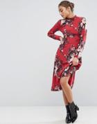 Asos Premium High Neck Silk Midi Dress In Graphic Floral Placement Pri