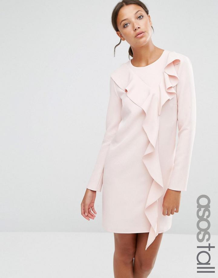 Asos Tall Long Sleeve Shift Dress With Ruffle Front - Pink