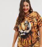 Asos Design Curve Oversized T-shirt With Photographic Tiger Print - Multi