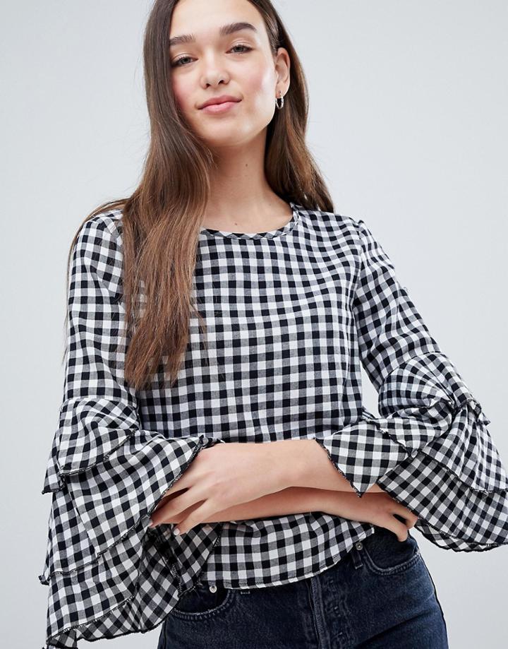 Jdy Ally Check Top With Frill Layer Sleeve - White