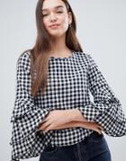 Jdy Ally Check Top With Frill Layer Sleeve - White