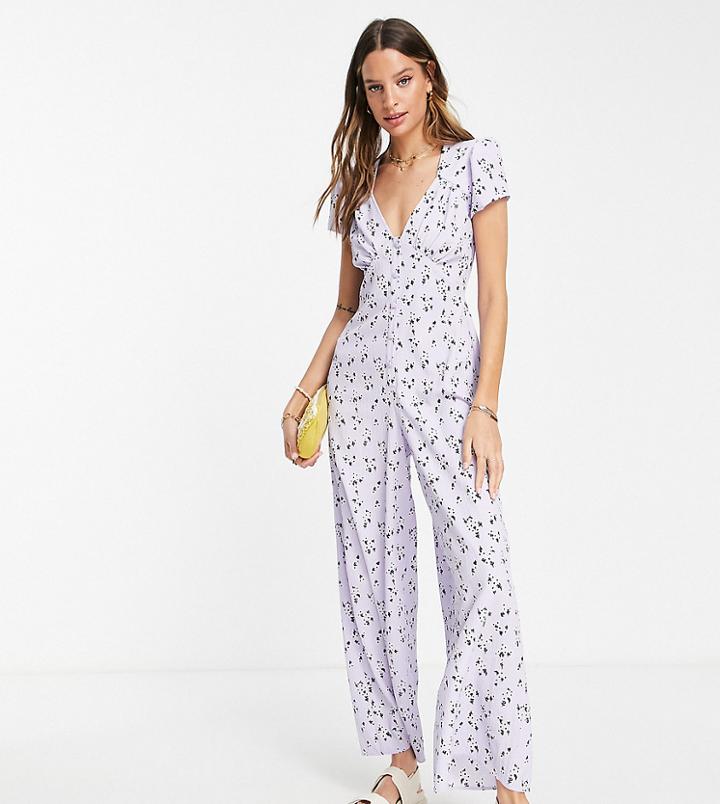 Asos Design Tall Bubble Crepe Cap Sleeve Tea Button Front Jumpsuit In Lilac Ditsy-multi