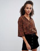Bershka 3/4 Sleeve Tiger Print Shirt - Brown