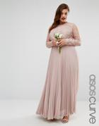 Asos Curve Wedding Pretty Lace Eyelash Pleated Maxi Dress - Pink
