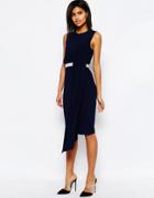 Asos Fold Sash Front Shift Midi Dress With Belt - Navy