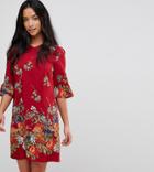 Yumi Petite Frill Sleeve Shift Dress In Floral Border Print - Red