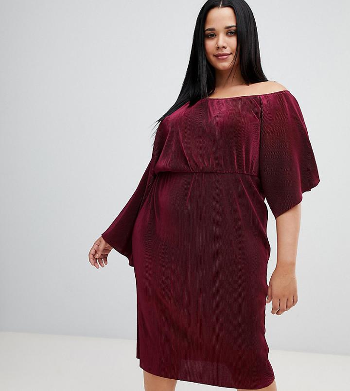 Asos Design Curve Off Shoulder Plisse Midi Dress - Red