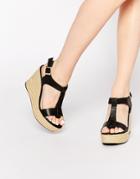 Dune Kali Black Leather Espadrille Wedge Sandals - Black